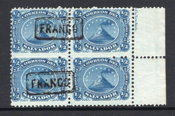 SALVADOR - 1867 - CLASSIC ISSUES: ½r blue 'San Miguel Volcano' issue a superb side marginal block of four with part marginal inscription used with two strikes of boxed 'FRANCO' cancel in black. A rare used multiple. (SG 1)  (SAL/3977)