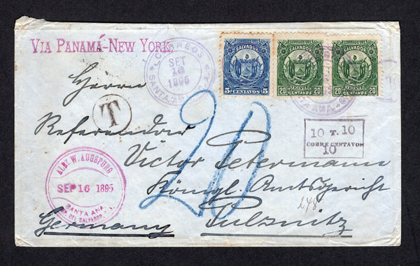 SALVADOR - 1895 - SEEBECK ISSUES & POSTAGE DUE: Cover franked with 1895 5c blue and 2 x 20c green 'Seebeck' ARMS issue (SG 118 & 122) tied by SANTA ANA duplex cds's dated SET 16 1895. Taxed in transit in SAN SALVADOR with 'T' in circle marking and boxed '10 T 10. COBRE CENTAVOS 10' marking both in black on front with SAN SALVADOR transit cds on reverse. Addressed to GERMANY with transit & arrival marks on reverse. One stamp has a few light perf tones but otherwise a fine & scarce item.  (SAL/40056)