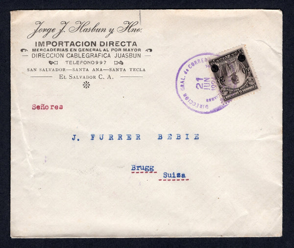 SALVADOR - 1924 - PROVISIONAL ISSUE: Commercial cover franked with single 1924 20c on 1col sepia 'Provisional' issue (SG 744) tied by SAN SALVADOR cds dated 21 JUN 1924. Addressed to SWITZERLAND with arrival cds on reverse.  (SAL/40146)