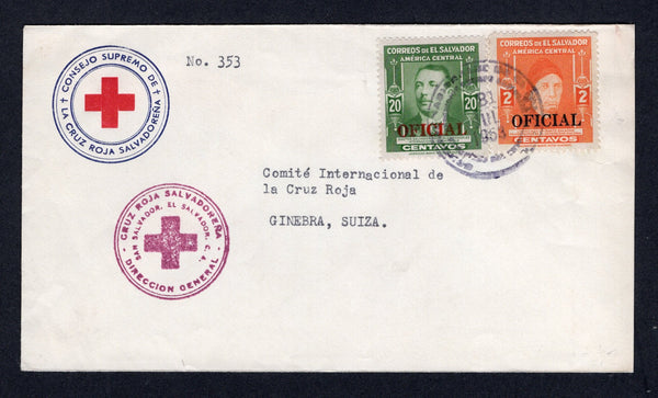 SALVADOR - 1953 - OFFICIAL MAIL: Printed 'CONSEJO SUPREMO DE CRUZ ROJA SALVADORENA' Red Cross cover franked with 1947 2c orange and 20c green 'Portrait' issue with 'OFICIAL' overprint (SG O960 & O963) tied by SAN SALVADOR cds dated 8 JUL 1953 with fine strike of 'CRUZ ROJA SALVADORENA DIRECCION GENERAL' official cachet in purple on front. Addressed to SWITZERLAND. A rare issue genuinely used on cover.  (SAL/40150)