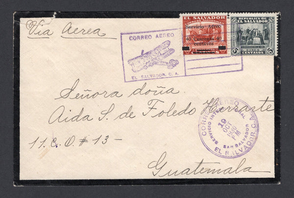 SALVADOR - 1930 - AIRMAIL: Mourning cover with manuscript 'Via Aerea' at top franked with 1924 5c grey black and 1929 40c on 50c red brown 'Airmail' surcharge issue (SG 753 & 773A) tied by boxed 'CORREO AEREO' airplane cancel with CORREO AEREO SERVICIO INTERNACIONAL SAN SALVADOR cds alongside dated 19 OCT 1930. Addressed to GUATEMALA with CORREO AEREO INTERNACIONAL GUATEMALA arrival mark on reverse. A nice early commercial airmail.  (SAL/40670)
