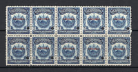 SALVADOR - 1918 - REVENUE & SPECIMEN: 5c deep blue 'Timbre Nacional' REVENUE issue, a fine block of ten each stamp overprinted 'SPECIMEN' in red and with small hole punch. Ex ABNCo. Archive. (Ross #221)  (SAL/40978)