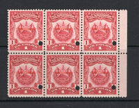 SALVADOR - 1918 - REVENUE & SPECIMEN: 1col carmine 'Timbre Nacional' REVENUE issue, a fine side marginal block of six each stamp overprinted 'SPECIMEN' in red and with small hole punch. Ex ABNCo. Archive. (Ross #Unlisted)  (SAL/40979)