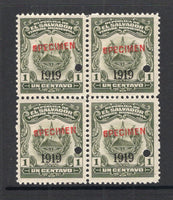 SALVADOR - 1919 - REVENUE & SPECIMEN: 1c olive green 'Timbre Nacional' REVENUE issue with '1919' overprint, a fine block of four each stamp overprinted 'SPECIMEN' in red and with small hole punch. Ex ABNCo. Archive. (Ross #232)  (SAL/40980)