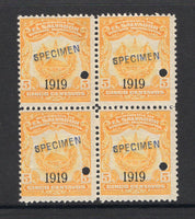 SALVADOR - 1919 - REVENUE & SPECIMEN: 5c yellow 'Timbre Nacional' REVENUE issue with '1919' overprint, a fine block of four each stamp overprinted 'SPECIMEN' in red and with small hole punch. Ex ABNCo. Archive. (Ross #233)  (SAL/40981)