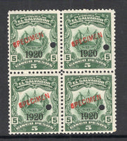 SALVADOR - 1920 - REVENUE & SPECIMEN: 5p deep green 'Timbre Nacional' REVENUE issue with '1920' overprint, a fine block of four each stamp overprinted 'SPECIMEN' in red and with small hole punch. Ex ABNCo. Archive. (Ross #250)  (SAL/40983)