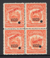 SALVADOR - 1923 - REVENUE & SPECIMEN: 50c orange 'Timbre Nacional' REVENUE issue with '1923' overprint, a fine block of four each stamp overprinted 'SPECIMEN' in red and with small hole punch. Ex ABNCo. Archive. (Ross #273)  (SAL/40987)