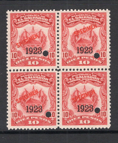 SALVADOR - 1923 - REVENUE & SPECIMEN: 10p carmine 'Timbre Nacional' REVENUE issue with '1923' overprint, a fine block of four each stamp overprinted 'SPECIMEN' in red and with small hole punch. Ex ABNCo. Archive. (Ross #276)  (SAL/40989)