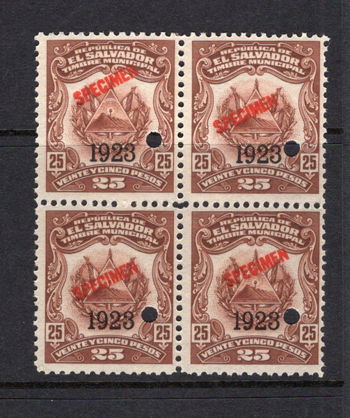 SALVADOR - 1923 - REVENUE & SPECIMEN: 25p brown 'Timbre Nacional' REVENUE issue with '1923' overprint, a fine block of four each stamp overprinted 'SPECIMEN' in red and with small hole punch. Ex ABNCo. Archive. (Ross #Unlisted)  (SAL/40993)