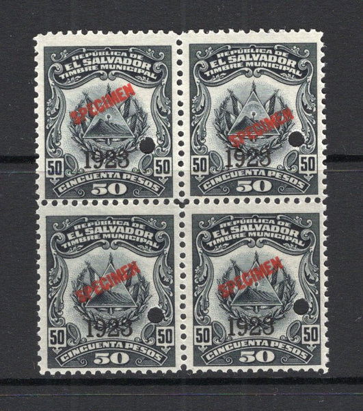 SALVADOR - 1923 - REVENUE & SPECIMEN: 50p black 'Timbre Nacional' REVENUE issue with '1923' overprint, a fine block of four each stamp overprinted 'SPECIMEN' in red and with small hole punch. Ex ABNCo. Archive. (Ross #Unlisted)  (SAL/40995)