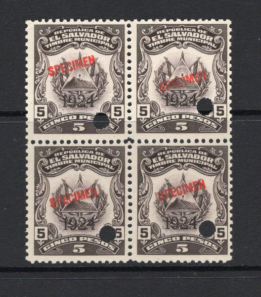 SALVADOR - 1923 - REVENUE & SPECIMEN: 5p dark brown 'Timbre Nacional' REVENUE issue with '1924' overprint, a fine block of four each stamp overprinted 'SPECIMEN' in red and with small hole punch. Ex ABNCo. Archive. (Ross #283)  (SAL/40996)