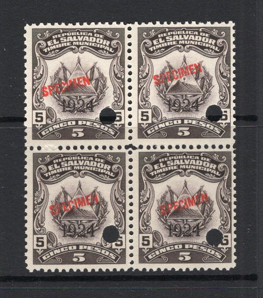 SALVADOR - 1923 - REVENUE & SPECIMEN: 5p dark brown 'Timbre Nacional' REVENUE issue with '1924' overprint, a fine block of four each stamp overprinted 'SPECIMEN' in red and with small hole punch. Ex ABNCo. Archive. (Ross #283)  (SAL/40997)