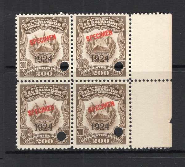 SALVADOR - 1923 - REVENUE & SPECIMEN: 200p bistre brown 'Timbre Nacional' REVENUE issue with '1924' overprint, a fine block of four each stamp overprinted 'SPECIMEN' in red and with small hole punch. Ex ABNCo. Archive. (Ross #Unlisted)  (SAL/40998)