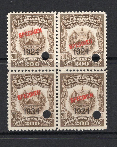 SALVADOR - 1923 - REVENUE & SPECIMEN: 200p bistre brown 'Timbre Nacional' REVENUE issue with '1924' overprint, a fine side marginal block of four each stamp overprinted 'SPECIMEN' in red and with small hole punch. Ex ABNCo. Archive. (Ross #Unlisted)  (SAL/40999)