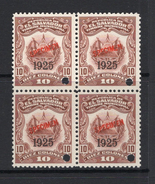 SALVADOR - 1923 - REVENUE & SPECIMEN: 10col red brown 'Timbre Nacional' REVENUE issue with '1925' overprint, a fine block of four each stamp overprinted 'SPECIMEN' in red and with small hole punch. Ex ABNCo. Archive. (Ross #292)  (SAL/41000)