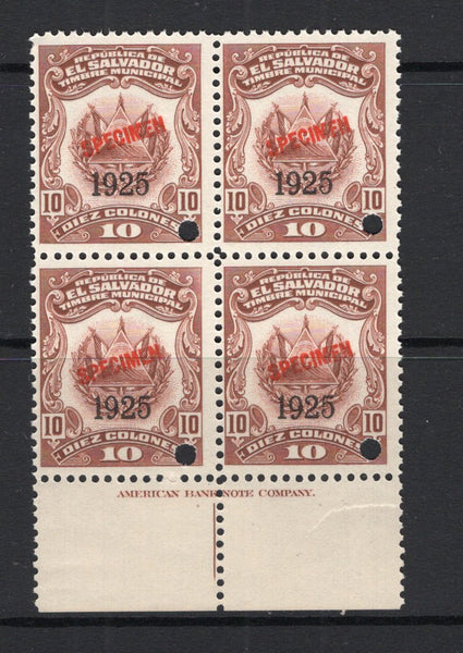 SALVADOR - 1923 - REVENUE & SPECIMEN: 10col red brown 'Timbre Nacional' REVENUE issue with '1925' overprint, a fine bottom marginal block of four with 'AMERICAN BANK NOTE COMPANY' imprint in margin, each stamp overprinted 'SPECIMEN' in red and with small hole punch. Ex ABNCo. Archive. (Ross #292)  (SAL/41001)