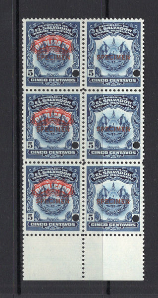 SALVADOR - 1938 - REVENUE & SPECIMEN: 5c deep blue 'Timbre Nacional' REVENUE issue, a fine block of six with the left hand stamp of each pair overprinted 'DUPLICADO' in red in fancy negative lettering believed to have been PREPARED FOR USE BUT UNISSUED, each stamp overprinted 'SPECIMEN' in red and with small hole punch. Ex ABNCo. Archive. (Ross #381)  (SAL/41002)