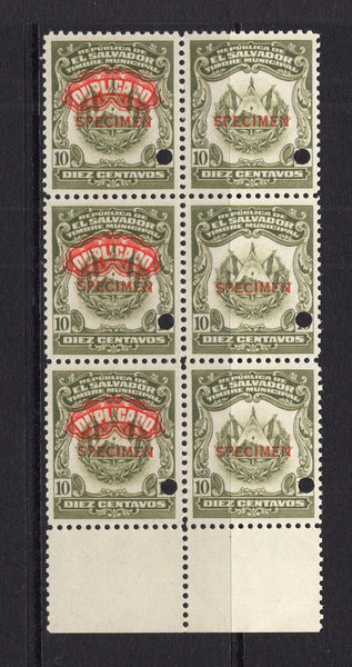 SALVADOR - 1938 - REVENUE & SPECIMEN: 10c olive green 'Timbre Nacional' REVENUE issue, a fine block of six with the left hand stamp of each pair overprinted 'DUPLICADO' in red in fancy negative lettering believed to have been PREPARED FOR USE BUT UNISSUED, each stamp overprinted 'SPECIMEN' in red and with small hole punch. Ex ABNCo. Archive. (Ross #Unlisted)  (SAL/41003)