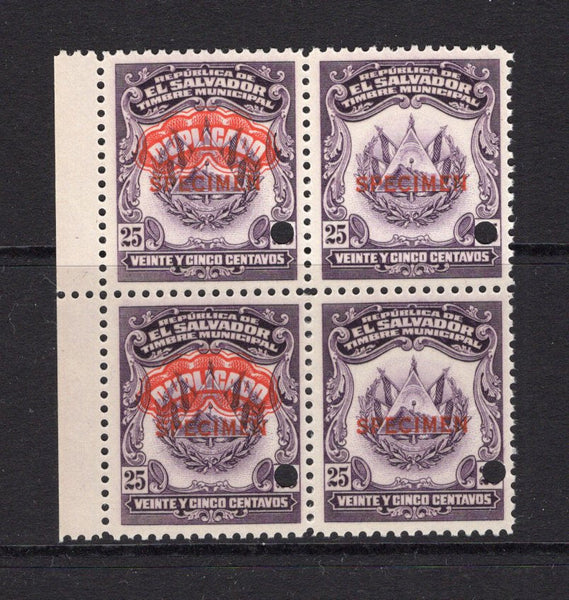 SALVADOR - 1938 - REVENUE & SPECIMEN: 25c violet 'Timbre Nacional' REVENUE issue, a fine block of four with the left hand stamp of each pair overprinted 'DUPLICADO' in red in fancy negative lettering believed to have been PREPARED FOR USE BUT UNISSUED, each stamp overprinted 'SPECIMEN' in red and with small hole punch. Ex ABNCo. Archive. (Ross #Unlisted)  (SAL/41004)
