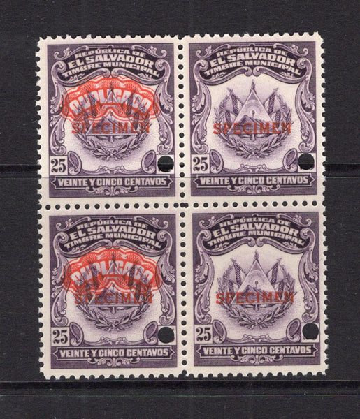 SALVADOR - 1938 - REVENUE & SPECIMEN: 25c violet 'Timbre Nacional' REVENUE issue, a fine block of four with the left hand stamp of each pair overprinted 'DUPLICADO' in red in fancy negative lettering believed to have been PREPARED FOR USE BUT UNISSUED, each stamp overprinted 'SPECIMEN' in red and with small hole punch. Ex ABNCo. Archive. (Ross #Unlisted)  (SAL/41005)