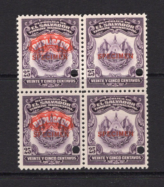 SALVADOR - 1938 - REVENUE & SPECIMEN: 25c violet 'Timbre Nacional' REVENUE issue, a fine block of four with the left hand stamp of each pair overprinted 'DUPLICADO' in red in fancy negative lettering believed to have been PREPARED FOR USE BUT UNISSUED, each stamp overprinted 'SPECIMEN' in red and with small hole punch. Ex ABNCo. Archive. (Ross #Unlisted)  (SAL/41006)