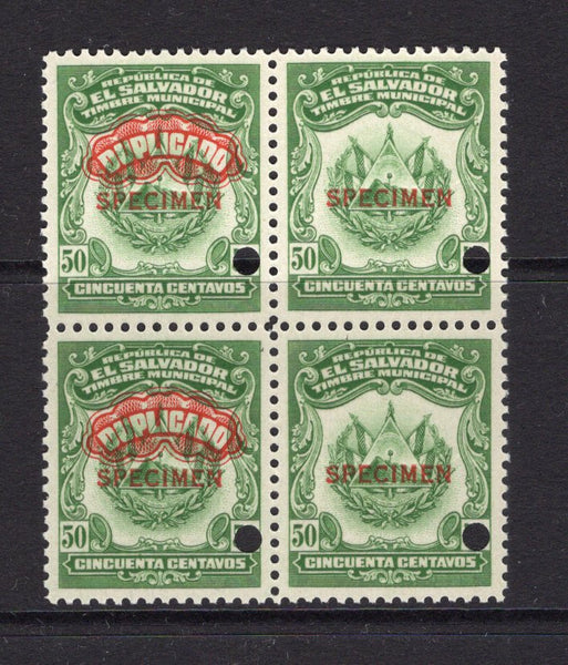 SALVADOR - 1938 - REVENUE & SPECIMEN: 50c bright green 'Timbre Nacional' REVENUE issue, a fine block of four with the left hand stamp of each pair overprinted 'DUPLICADO' in red in fancy negative lettering believed to have been PREPARED FOR USE BUT UNISSUED, each stamp overprinted 'SPECIMEN' in red and with small hole punch. Ex ABNCo. Archive. (Ross #Unlisted)  (SAL/41008)
