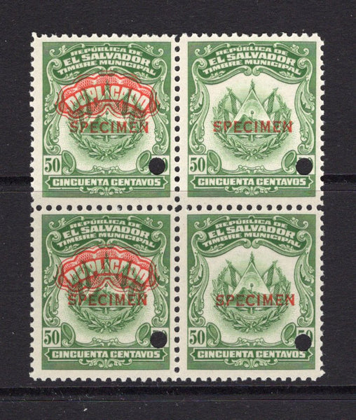 SALVADOR - 1938 - REVENUE & SPECIMEN: 50c bright green 'Timbre Nacional' REVENUE issue, a fine block of four with the left hand stamp of each pair overprinted 'DUPLICADO' in red in fancy negative lettering believed to have been PREPARED FOR USE BUT UNISSUED, each stamp overprinted 'SPECIMEN' in red and with small hole punch. Ex ABNCo. Archive. (Ross #Unlisted)  (SAL/41009)