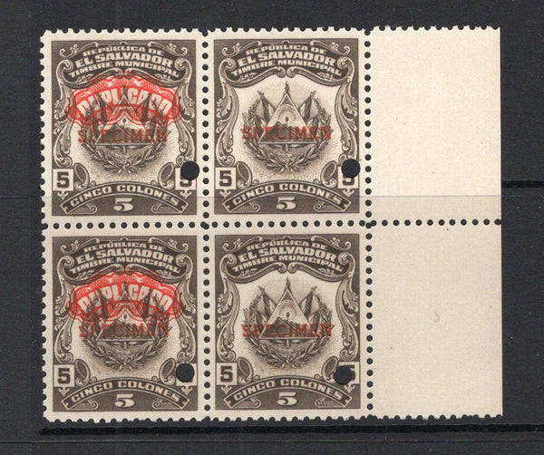 SALVADOR - 1938 - REVENUE & SPECIMEN: 5col dark brown 'Timbre Nacional' REVENUE issue, a fine side marginal block of four with the left hand stamp of each pair overprinted 'DUPLICADO' in red in fancy negative lettering believed to have been PREPARED FOR USE BUT UNISSUED, each stamp overprinted 'SPECIMEN' in red and with small hole punch. Ex ABNCo. Archive. (Ross #Unlisted)  (SAL/41010)