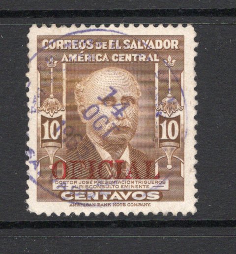SALVADOR - 1947 - OFFICIAL ISSUE: 10c bistre with 'OFICIAL' overprint in red, a fine used copy with central SAN SALVADOR cds dated 14 OCT 1965. (SG O962)  (SAL/41013)