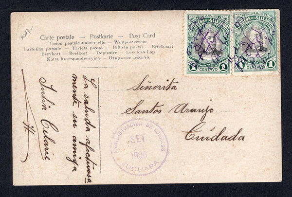 SALVADOR - 1906 - CANCELLATION: Tinted 'Glamour' PPC datelined 'Jucuapa Setiembre 29 06' on picture side franked on message side with pair 1906 1c black & deep green 'Escalon' issue (SG 570) tied by extensive manuscript cancel (which appears to be words but is hard to decipher) with fine JUCUAPA cds in purple dated SET 29 1906 alongside. Addressed locally. Very unusual.  (SAL/41091)