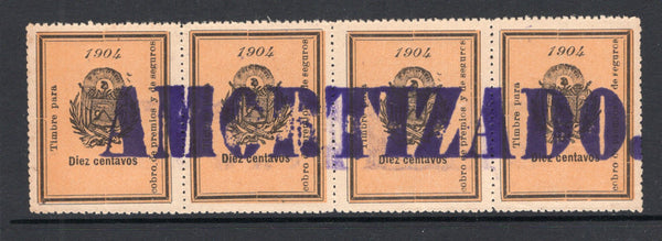 SALVADOR - 1904 - REVENUE: 10c black on orange 'Cobro de Premios y de Seguros' REVENUE issue for collecting insurance premium tax, a fine used strip of four with large straight line 'AMORTIZADO.' cancel in purple across all four stamps. Uncommon in used multiples. (Ross #115)  (SAL/41333)
