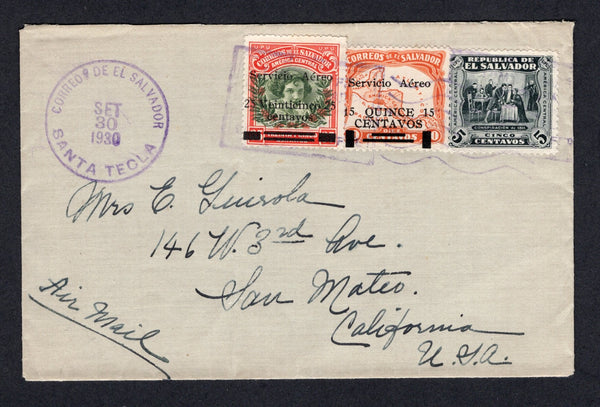 SALVADOR - 1930 - AIRMAIL: Neat cover franked with 1929 15c on 10c orange and 25c on 35c olive green & rose AIR surcharge issue (both first printings) plus 1924 5c grey black (SG 753, 770A, 772A) all tied by roller cancel with fine SANTA TECLA cds dated SET 30 1930 alongside. Addressed to USA with transit cds on reverse.  (SAL/670)