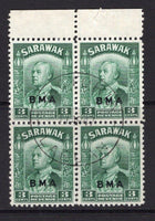 SARAWAK - 1945 - MULTIPLE & USED IN LABUAN: 3c green with 'B.M.A.' overprint, a fine used top marginal block of four with central VICTORIA LABUAN cds dated 11 APR 1947. (SG 128)  (SAR/15760)