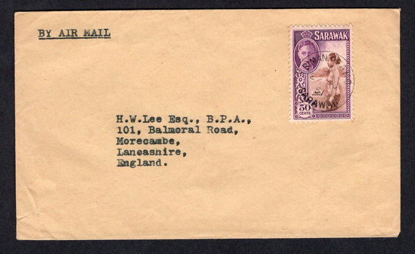 SARAWAK - 1951 - CANCELLATION: Cover franked with single 1950 50c brown & violet GVI issue (SG 182) tied by SIMANGGANG cds. Sent airmail to UK.  (SAR/22248)