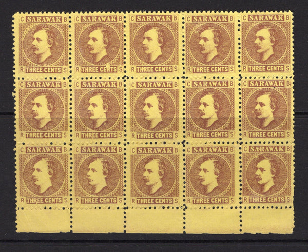 SARAWAK - 1871 - MULTIPLE & VARIETY: 3c brown on yellow 'Rajah Charles Brooke' issue a fine unused marginal block of fifteen with variety 'LONG TAIL TO R IN THREE' (position 10/1). Some light creasing but a scarce multiple. (SG 2)  (SAR/39314)
