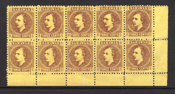 SARAWAK - 1871 - MULTIPLE & VARIETY: 3c brown on yellow 'Rajah Charles Brooke' issue a fine unused corner marginal block of ten with variety 'STOP AFTER THREE' (position 10/7). Some light creasing but a scarce multiple. (SG 2)  (SAR/39315)