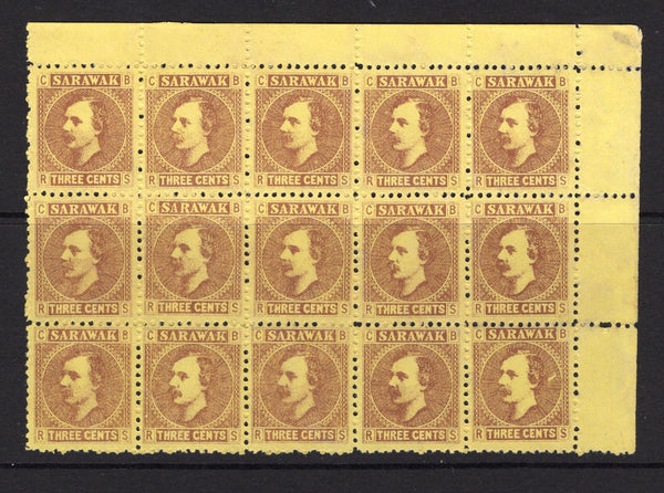 SARAWAK - 1871 - MULTIPLE & VARIETY: 3c brown on yellow 'Rajah Charles Brooke' issue a fine unused corner marginal block of fifteen with variety 'NARROW FIRST A IN SARAWAK' (position 2/7). Scarce multiple. (SG 2)  (SAR/39316)