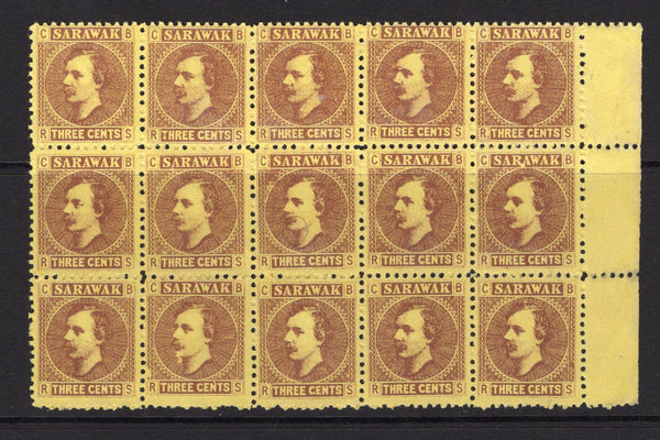 SARAWAK - 1871 - MULTIPLE: 3c brown on yellow 'Rajah Charles Brooke' issue a fine unused side marginal block of fifteen. Some light creasing but a scarce multiple. (SG 2)  (SAR/39317)