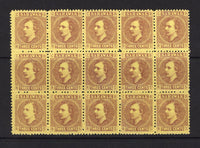 SARAWAK - 1871 - MULTIPLE: 3c brown on yellow 'Rajah Charles Brooke' issue a fine unused block of fifteen. Some light creasing but a scarce multiple. (SG 2)  (SAR/39318)