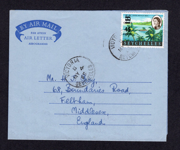 SEYCHELLES - 1965 - AIRMAIL: Printed airletter franked with 1965 45c on 35c 'Anse Royale bay' QE2 issue (SG 216) tied by VICTORIA cds with second strike alongside. Addressed to UK.  (SEY/22308)
