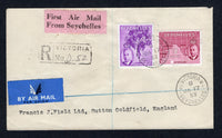 SEYCHELLES - 1953 - FIRST FLIGHT: Registered cover franked with 1952 18c carmine lake and 50c reddish violet GVI issue (SG 162 & 167) tied by VICTORIA cds dated JAN 17 1953 with second strike alongside plus boxed 'VICTORIA' registration marking and black on pink 'First Air Mail From Seychelles' label on front. Addressed to UK.  (SEY/22311)