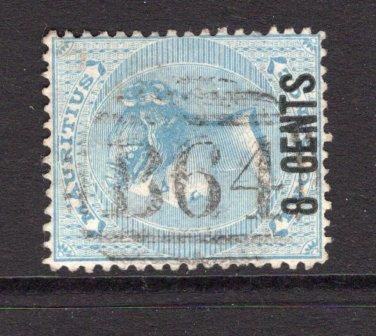SEYCHELLES - 1878 - MAURITIUS USED IN THE SEYCHELLES: 8c on 2d pale blue QV surcharge issue of Mauritius used in the SEYCHELLES with fine full strike of 'B64' barred numeral cancel. (SG Z39)  (SEY/2251)