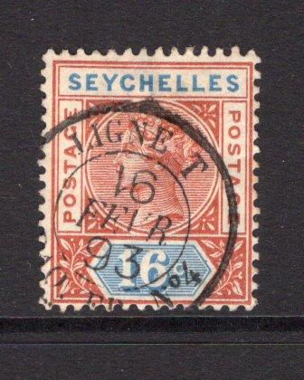 SEYCHELLES - 1890 - CANCELLATION: 16c chestnut & blue QV issue, Die 1, a superb used copy with lovely strike of LIGNE T PAQ FR No.4 French maritime cds dated 16 FEB 1893. (SG 6)  (SEY/30909)