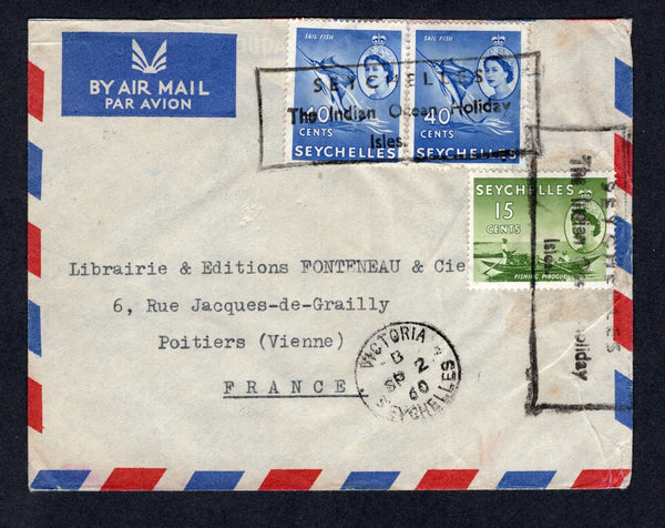 SEYCHELLES - 1960 - CANCELLATION: Airmail cover franked with 1954 15c deep yellow green and pair 40c ultramarine QE2 issue (SG 177 & 181) tied by two good to fine strikes of the boxed 'SEYCHELLES THE INDIAN OCEAN HOLIDAY ISLES' cancel in black with VICTORIA cds dated SEP 2 1960 alongside.  (SEY/32920)