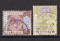 SEYCHELLES - 1890 - CANCELLATION: 8c brown purple & ultramarine QV issue, Die 2 and 1893 15c sage green & lilac QV issue both stamps used with good strikes of SEYCHELLES '4' cds used at VICTORIA P.O. during 1895-1899. The 15c is dated SEP 19 1899. (SG 11 & 24)  (SEY/33463)