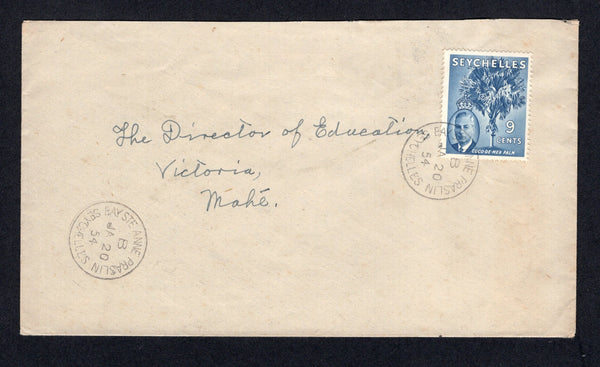 SEYCHELLES - 1954 - CANCELLATION: Commercial cover franked with 1952 9c chalky blue (SG 160) tied by BAY STE ANNE PRASLIN cds with second strike alongside. Addressed to MAHE with VICTORIA arrival cds on reverse.  (SEY/644)
