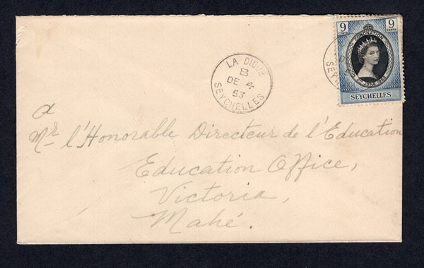 SEYCHELLES - 1953 - CANCELLATION: Commercial cover franked with 1953 9c black & blue 'Coronation' issue (SG 173) tied by LA DIGUE cds with second strike alongside. Addressed to MAHE with VICTORIA arrival cds on reverse.  (SEY/647)