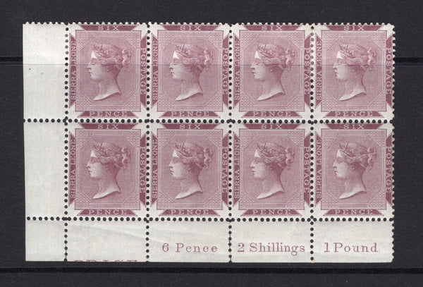 SIERRA LEONE - 1885 - MULTIPLE: 6d purple lake QV issue watermark 'Crown CC' a fine mint corner marginal block of eight with part '6 Pence 2 Shillings 1 Pound' IMPRINT in margin. A superb multiple. (SG 37)  (SIE/15823)