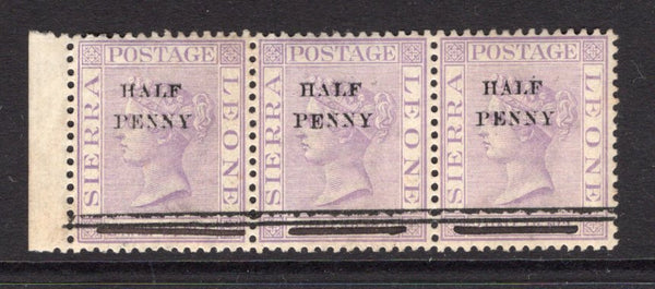 SIERRA LEONE - 1893 - MULTIPLE: 'HALF PENNY' on 1½d pale violet QV issue watermark 'Crown CA' a fine mint side marginal strip of three with additional line in manuscript on each stamp as the surcharge lines failed to fully obliterate the original value. (SG 39)  (SIE/15827)