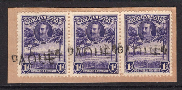 SIERRA LEONE - 1932 - CANCELLATION: 1d violet GV issue strip of three used on piece with three fine strikes of straight line 'PAQUET' cancel in black. (SG 156)  (SIE/15834)